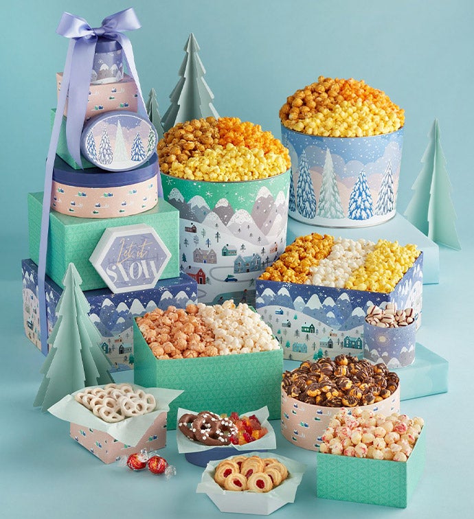 Snowy Merriment 8 Box Gift  Tower and 2 Popcorn Tins